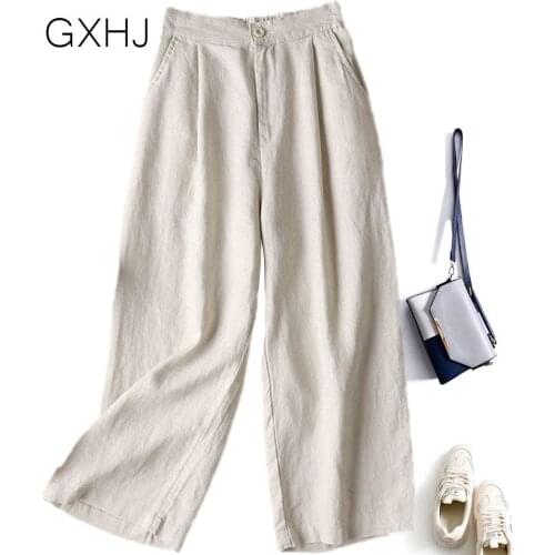 Women Linen pants Women Elastic Waist Solid Pants All-matched Casual Wide Leg Cotton Femme Pantalon Linen LHJ029