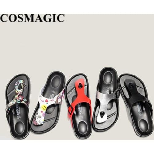COSMAGIC 2020 New Summer Beach Women Cork Flip Flops Slippers Casual Quick Drying Buckle PU Leather Slides Shoe