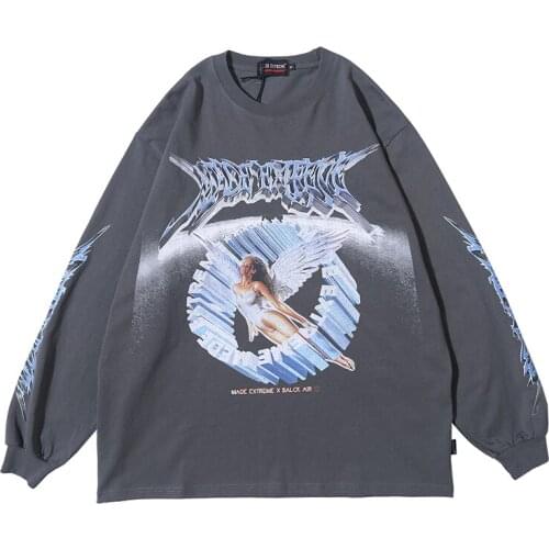 Spring Cotton T-Shirt Men Angel Printed Long Sleeve T-Shirts Mens Plus Size Fashion Street Hip Hop Loose Shirts O-neck Tops Male