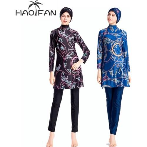 HAOFAN 2020 Muslim Swimsuit Hasema Without Pad Swimwear For Islamic Women Print Musulman Swim Wear 3 Pieces Bikinis Full Cover