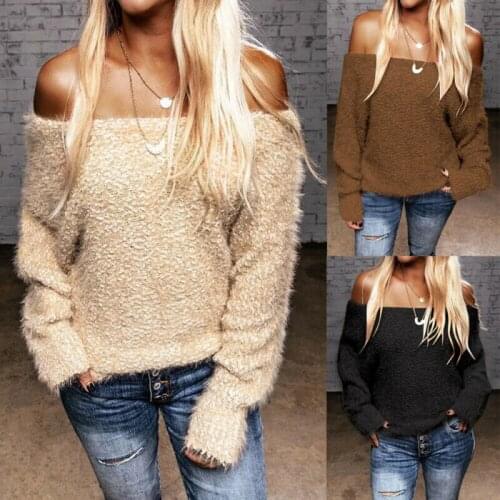 Hirigin Spring Autumn Women Long Sleeve Off-Shoulder Knitted Pullovers Sweater Plain Color Pullover Knitwear