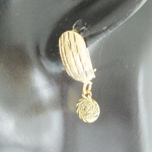 EARRING CARVED SCRUB ROUND MUSLIM MONEY SIGN DANGLER DIMENSION 26mm*7mm - YELLOW GOLD GP GOLD GP MIN ORDER 10$ CAN MIX DESIGN