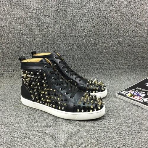 Fashion shoes colorful rivet decoration high-top patchwork leather mens shoes luxury brand red sole casual couple shoes