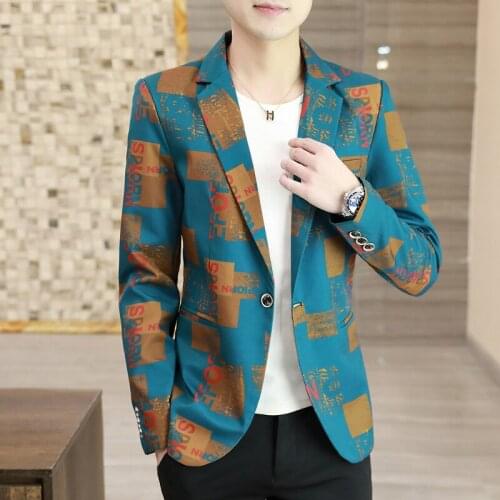 Fashion Men Blazers Contrast Printing Casual Dress Coat Slim Suit Jacket Wedding Business Blazer Masculino Social Male Clothing