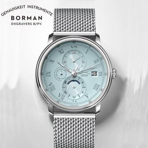 BORMAN Retro Men Mechanical Watch Sapphire Glass Waterproof Automatic Clock Silver Slim Mesh Steel Band Man Multifunction Watch