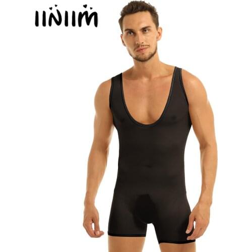 Mens Erotic Sexy Jockstrap Bodysuit One Piece Stretch Mesh See Through Sheer Lingerie Sleeveless Scoop Neck Jumpsuits Underwear
