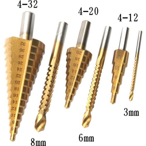 6Pcs Drill Bit Set Hss Steel Titanium Step Drill Bit Set Straight Groove Step Drill Tools Woodworking 4-12/20/32mm 3/6/8mm