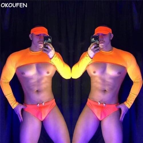 New Fluorescent Orange Hollow Mesh Costume Suit Mens Sexy Muscle Dance Wear Nightclub Bar Singer DS Stage Performance Clothing