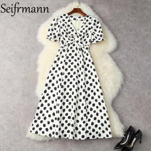Seifrmann New 2021 Summer Women Fashion Runway Party Midi Dress Sexy V-Neck High Waist Dot Printed Elegant A-Line Dress Vestidos