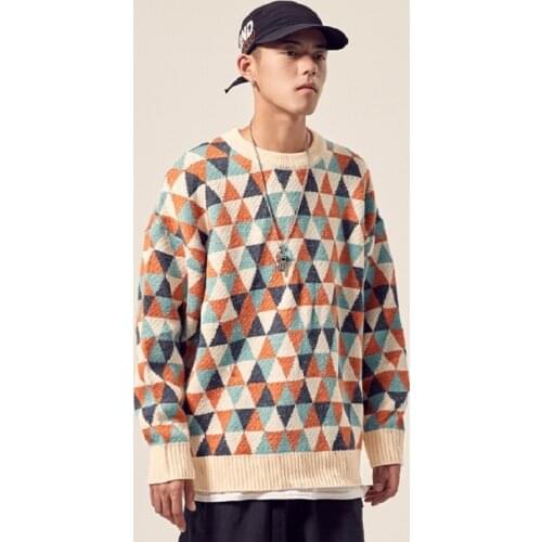 Japanese Diamond Pattern Round Neck Pullover Spring and Autumn Lazy Style Mens Tide Brand Sweater All-match Bottoming Shirt