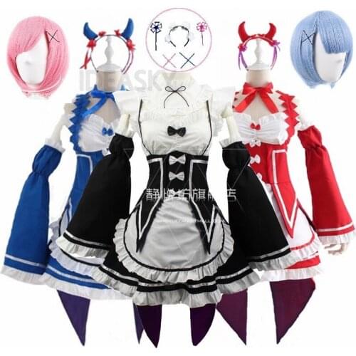 Ram/Rem Cosplay Re:zero Kara Hajimeru Isekai Seikatsu black blue red Costume Maid Servant Dress