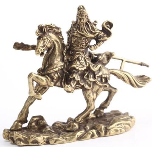 Retro Brass Chinese God of Wealth Riding Horse Guan Gong Statue Handmade Office Desk Buddha Ornament Home Decoration Accessories