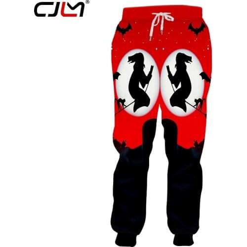 CJLM White Moon Halloween Man Pants 3D Printed Broom Witch and Bat The New Listing Mens Sweatpants