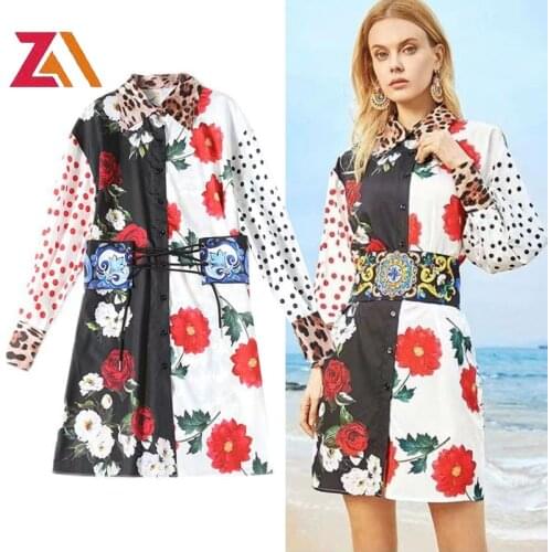 ZALady Summer Runway Elegant Shirt Dresses Women Turn-Down Collar Belt Leopard Dot Floral Printed Loose Long Sleeve Mini Dress