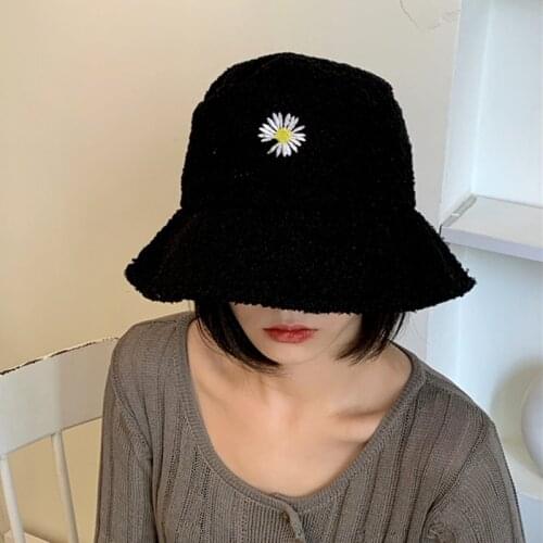 Women Hat Solid Artificial Fur Warm Female Cap Faux Fur Winter Daisy Embroidery Bucket Hat for Women Outdoor Sun Hat Panama Cap