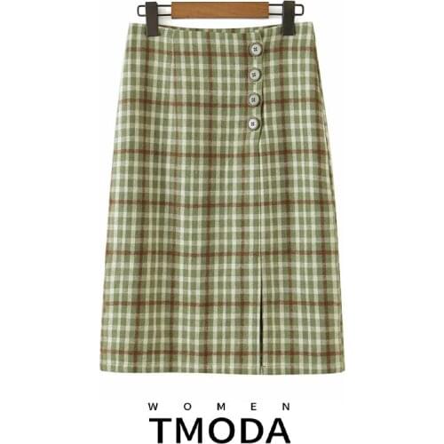 TMODA1671 Za 2021 Autumn Women Retro Knee Length Skirt Ladies Vintage Tartan Yellow Buttons Skirts Female Sexy Slim Split Skirt