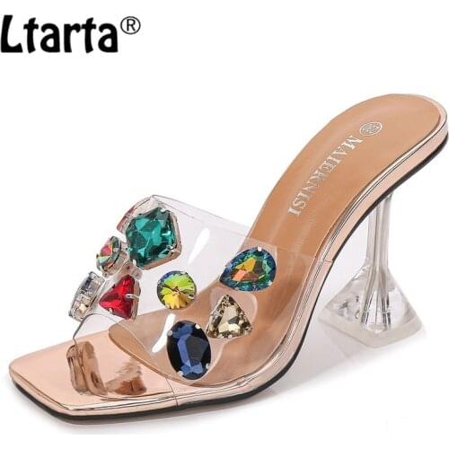 LTARTA 2020 Summer Fashion Shallow Mouth Crystal High Heels Thin Heeled Casual Outer Wear Open Toe Large Size Womens Sandals WZ