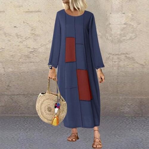 Womens Stiching Sundress ZANZEA 2021 Kaftan Casual Summer Maxi Dress Long Sleeve Tunic Vestidos Female O Neck Robe Plus Size