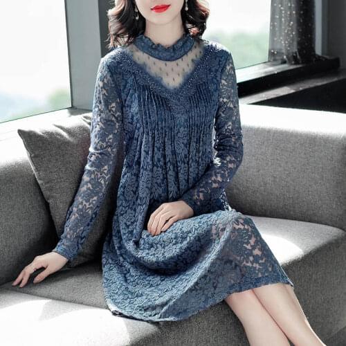 Ladies Elegant Lace Pleated Dress Long Sleeve Ruffle Collar Mesh Patchwork Plus Size Loose Party Dresses Women Clothes M-4XL