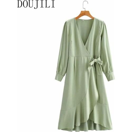 DOUJILI Women Dress Spring Style V Neck Long Sleeve Loose Green Dress For Fashion Ladies Casual Wearing
