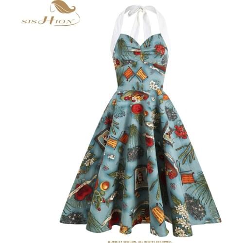 SISHION Sexy Halter 50s 60s Pin Up Dress VD2106 Summer Women Party Cotton Hepburn Floral Print Green Vintage Retro Dress