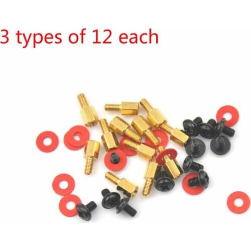 12pcs/set Golden Hexagon Brass Post Single Head M3x6 + 6mm+ Black Carbon Steel Pan Head Phillips Screw , Red Washers M3
