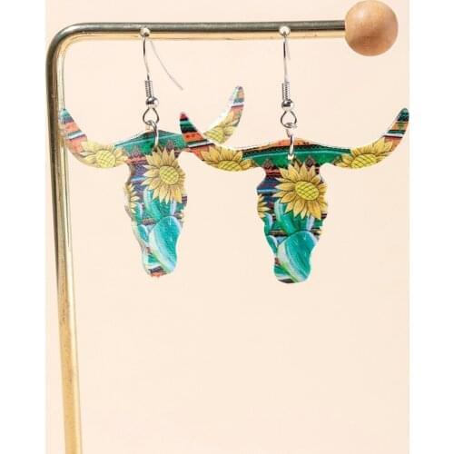 2021 Wholesale Personality Bull Head Modeling Cactus Leopard Pattern Sunflower Double Color Leather Earring for Women Girl