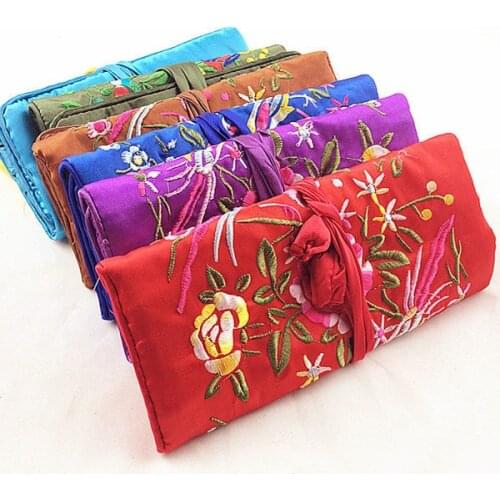 Embroidery flower Bird Silk Jewellery Roll Gift Bag Portable Cosmetic Travel Pouch Bag Drawstring Makeup Storage Bag 5pcs/lot