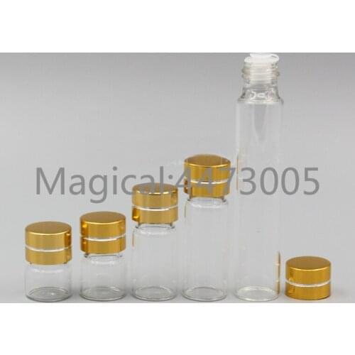50/100/200pcs/lot 1/2/3/5/10ml Perfume Essential Oil Bottles clear Glass tube Bottle gold cap stopper plug For Cosmetic