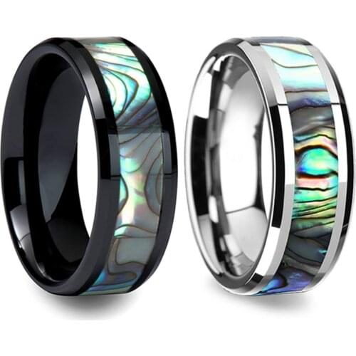 8mm Couple Black / Silver Colors Stainless Steel Ring Inlay Abalone Shell Beveled Wedding Bands for Mens Engagement Jewelry
