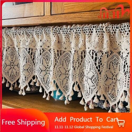 American Country Crochet Short Curtains Tassels For Kitchen Hollow Half Sheer Cabinet Cafe Sliding Door Window Drapes DL-JD1137