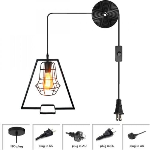 Black Plug In Pendant Lamp1-Light Geometric Pendant Lightingretro Metal Cage Ceiling Light Fixtures for Restaurants, Kitchen