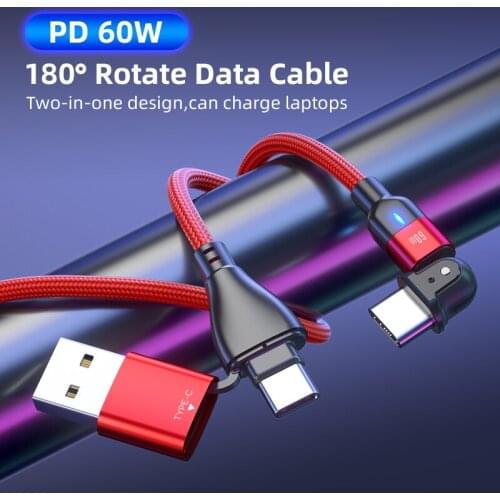 PD 60W 2 in 1 Type C To USB Type C Cable 3A Fast Charging LED Data Cord For Samsung Xiaomi Mobile Phone Charger Cable 180 Rotate