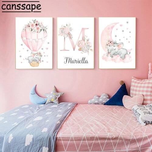 Nursery Canvas Print Custom Name Poster Pink Elephant Prints Balloon Painting Moon Wall Pictures Nordic Posters Girls Room Decor
