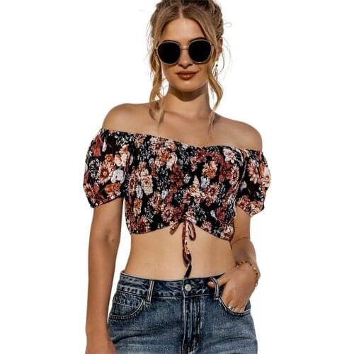 Floral Print Crop Top Women Clothes Summer Bandage Puff Sleeve Sexy Off Shoulder Streetwear Office Work Wear Tee Shirt Femme