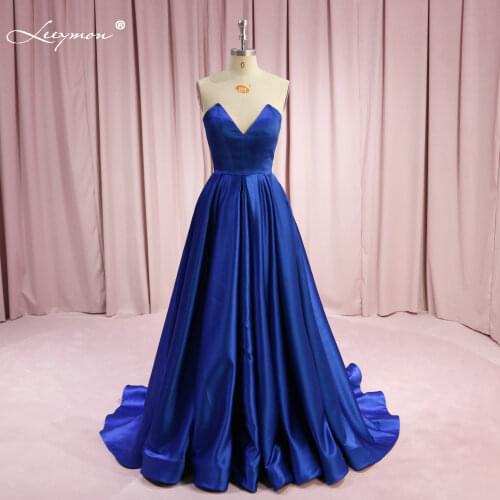 Leeymon A-line Satin Evening Dress Sweetheart Strapless Royal Blue Long Evening Gown Vestido De Festa Floor-Length