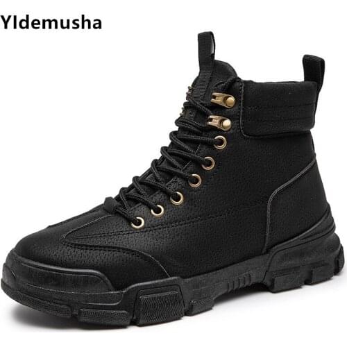 2020 New Winter Casual Men Boots PU Leather Shoes Male High Upper Lace-up Fashion Ankle Martin Boots Hombre Autumn Male Footwear