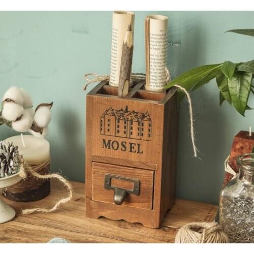 Коробка Desktop Makeup Brush Storage Bucket Stationery Retro Office Storages Wooden Drawer Divider Box Student Desk Penholder
