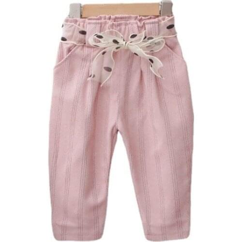 Spring And Autumn New Childrens Clothing Pure Color Girls Single Straight Pants Fashion Mesh Lace Fake Belt Korean Pants 1-5Y
