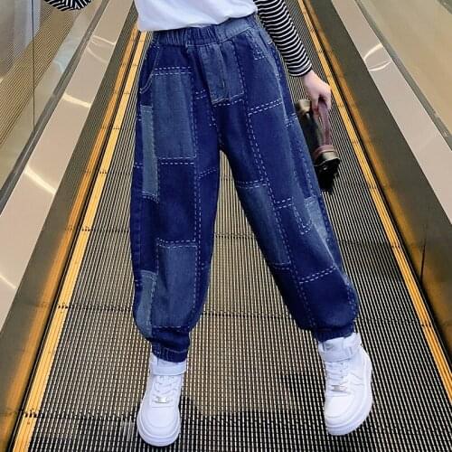 Autumn New Girls Pants Jeans Lattice stripe Print Soft Washed Cotton Denim pants Trousers Kids 5-14 years Child girls Blue Jeans