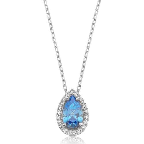 Valori Jewels 0.75 Carat, Zirconia Fancy Blue & White Pear Gemstone, Rhodium Plated, Sterling Silver Necklace