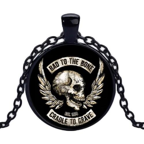 Evil Skull Art Pattern Necklace Day of The Dead Celebrate Cabochon Glass Dome Long Chain Pendant Gothic Jewelry