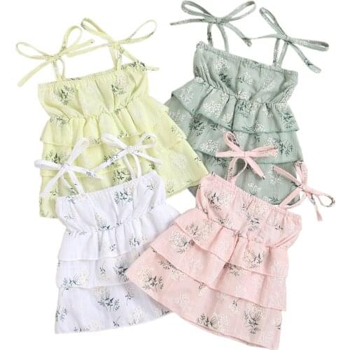 New Baby Summer Slip Dress, Floral Lacing Spaghetti Strap Sleeveless Layered Braces Skirt for Girls, 0-3 Years, 4 Colors