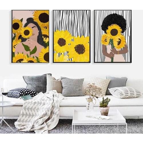Sunflowers Black Girl Woman Art Canvas Painting Feminist Posters and Prints Wall Pictures for Living Room Afro Queen Portrait