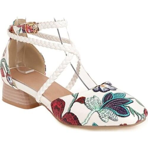 Ankle Strap Spring Women High Heel Shoes Square Toe Low Heel Ladies Shoes Leather Casual Big Size 44