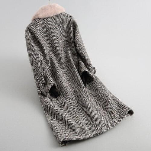 Tweed Wool Real Fur Coat Detachable Natural Lamb Fur Liner 2020 Long Winter Jacket Women Mink Fur Collar 18122 WYQ1933