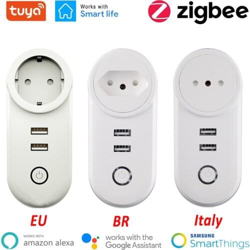 Tuya Zigbee Smart Plug Socket Outlet 2.1A USB Charger 16A EU Brazil APP Remote Control Works Alexa Google Assistant Smartthings