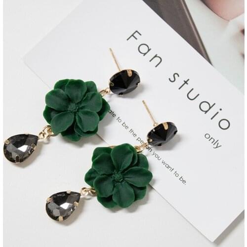 Vintage Bohemia Natural Stone Black Crystal Big Earring For Women Fashion Jewelry Green Flower Dangle Drop Earrings Bijoux