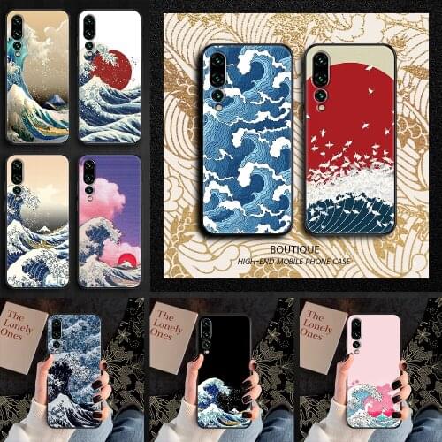 Wave Art japan aesthetic Phone case For Huawei P Mate P10 P20 P30 P40 10 20 Smart Z Pro Lite 2019 black silicone bumper pretty