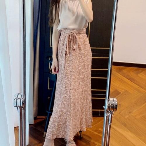 Cute Temperament Chiffon Print Long Skirt Summer New Japan Style Woman Skirts Trumpet Elegant Office Ladies High Waist Faldas